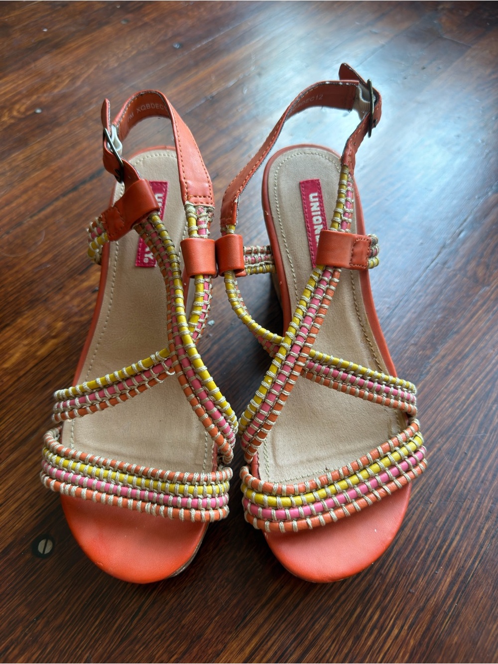 Unionbay Womens Orange Woven Multi Color Cork Wedge‎ Platform Sandals Size 7M